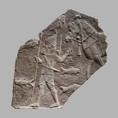Relieffragment: Kavallerist führt sein Pferd neben einem Bach, ca. 704-681 v. Chr. (Gipsalabaster) von Neo Assyrian